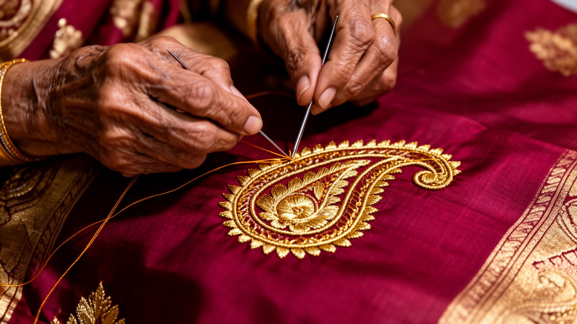 A master embroiderer's hand couches a paisley in gold zari onto crimson Banarasi silk