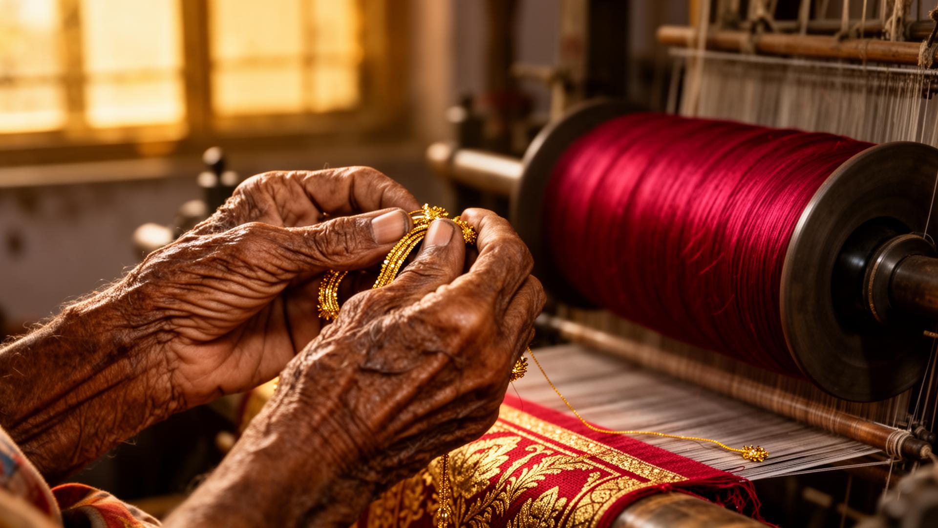 The weathered hands of an elderly master weaver in Varanasi, threading gold zari at the loom