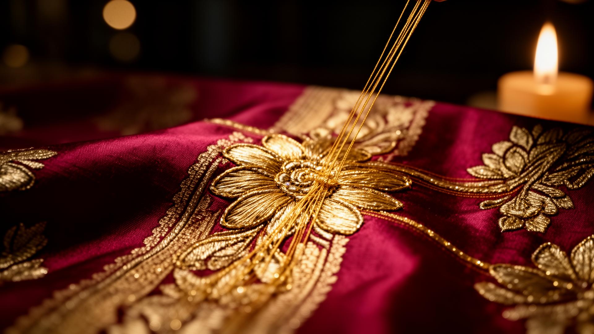 Macro of gold zari thread