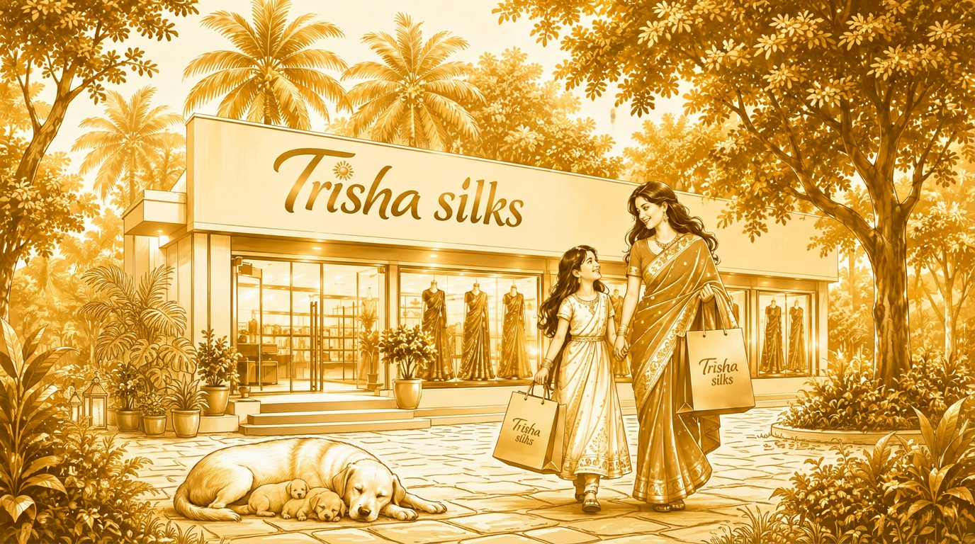 Hand-drawn gold illustration of the Trisha Silks flagship with a mother and daughter carrying Trisha Silks shopping bags