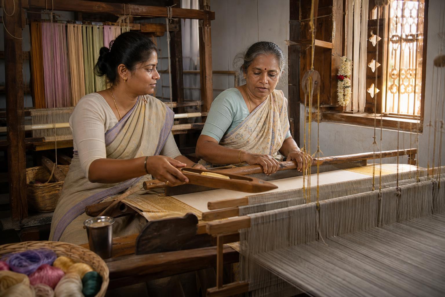 A weaving village at golden hour